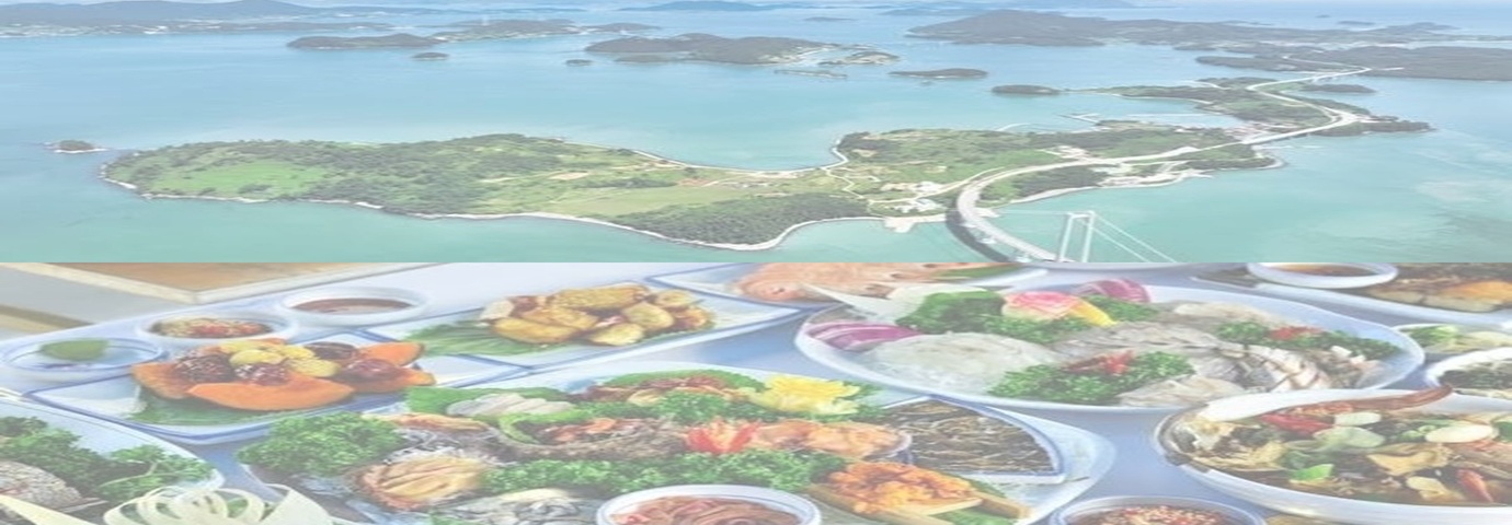 Scenic travel collage of Central and Southwest Korea featuring traditional Korean gourmet feast and panoramic aerial view of coastal islands