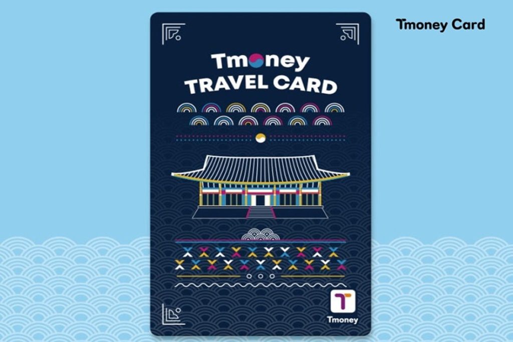 Official T-Money travel transit card featuring a traditional Korean palace illustration for foreign tourists in South Korea