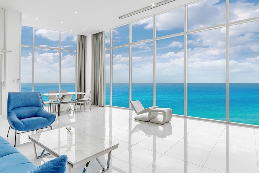 Panoramic East Sea ocean view from the private heated infinity pool at March Blue Pool Villa in Pohang