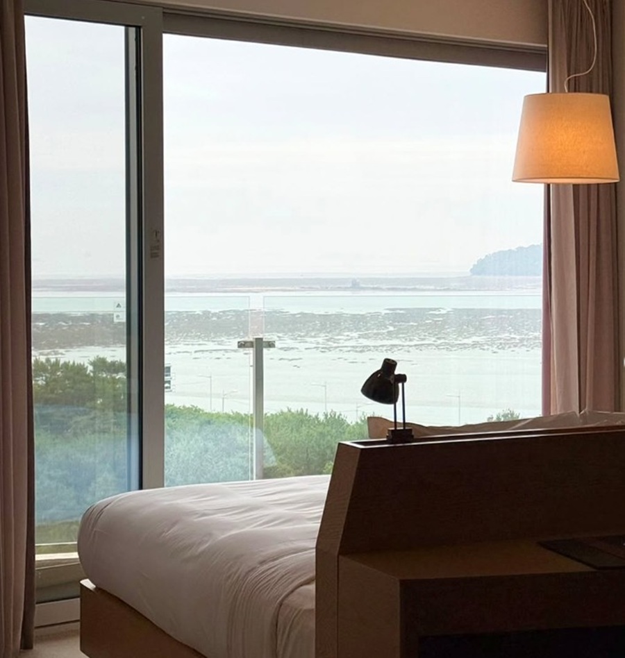 Nest Hotel Deluxe Double ocean view room with angled panoramic bed